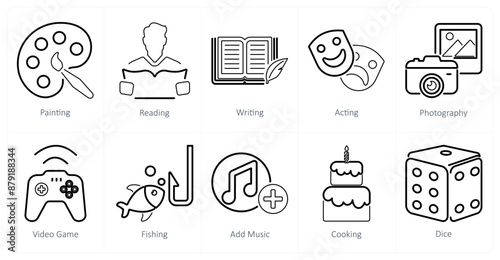 A set of 10 hobby icons as painting, reading, writing