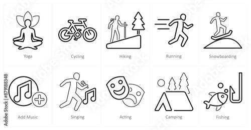 A set of 10 hobby icons as yoga, cycling, hiking