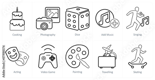 A set of 10 hobby icons as cooking, photography, dice