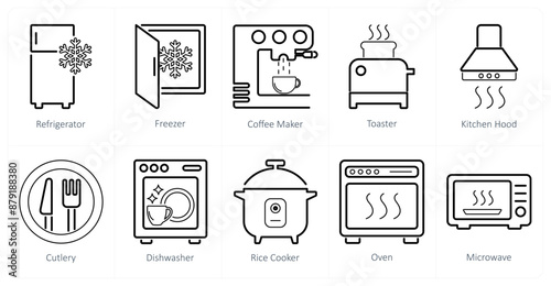 A set of 10 home appliances icons as refrigerator, freezer, coffee maker