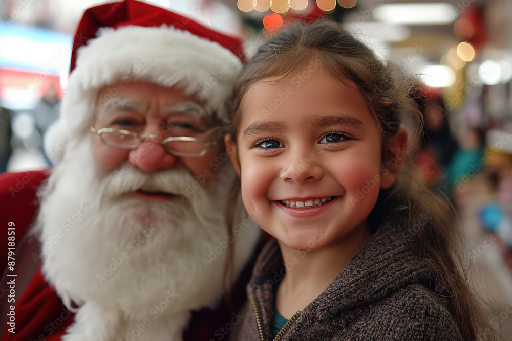 Happy little girl smiling with santa claus at christmas Happy little girl smiling with santa claus at christmas