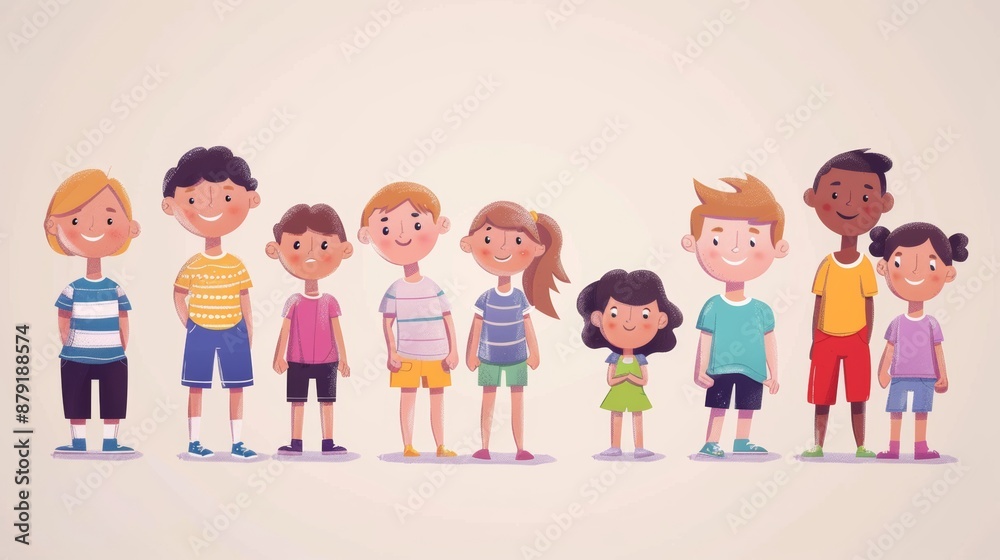 Diverse group of ten elementary school students from different ethnic backgrounds stand together, smiling happily, showcasing the beauty of friendship and innocence in their playful expressions Diverse group of ten elementary school students from different ethnic backgrounds stand together, smiling happily, showcasing the beauty of friendship and innocence in their playful expressions