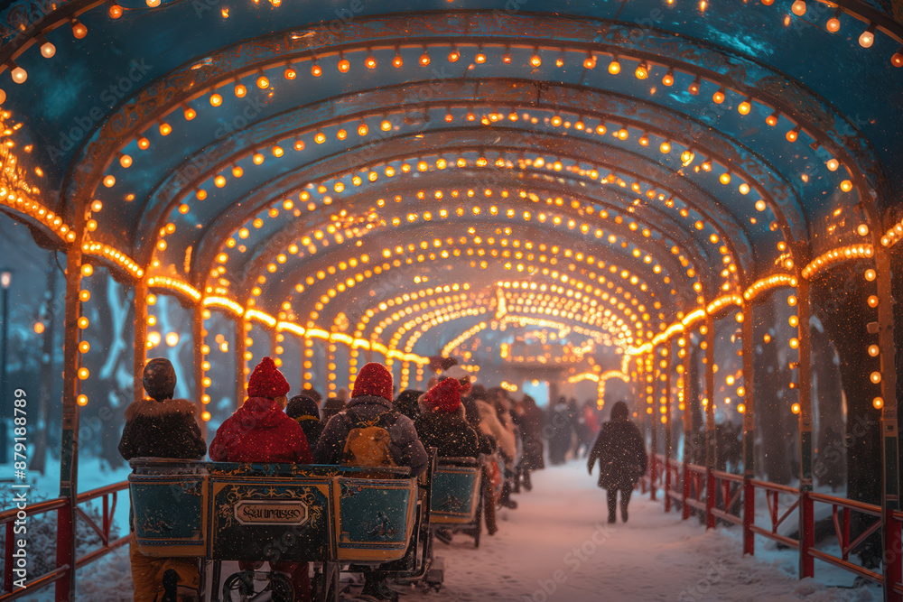 Obraz premium People enjoying christmas market strolling under archway with lights