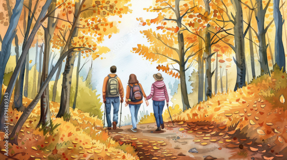 Autumn hike, friends exploring a forest trail with golden leaves, outdoor fun, Watercolor style Autumn hike, friends exploring a forest trail with golden leaves, outdoor fun, Watercolor style