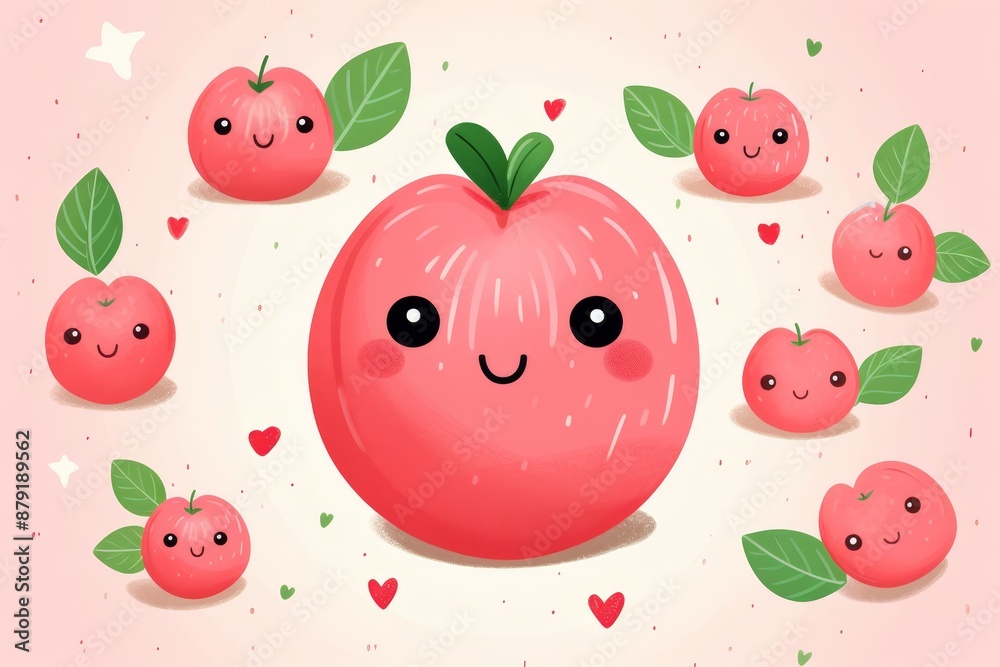 Cute illustration of a whole guava with a smiling face, large eyes, and blushing cheeks, surrounded by tiny hearts
Cute illustration of a whole guava with a smiling face, large eyes, and blushing cheeks, surrounded by tiny hearts