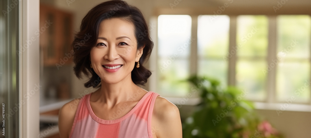 happy mature asian woman looking at camera smile indoor happy mature asian woman looking at camera smile indoor