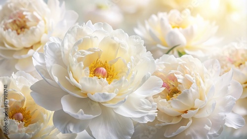 Fototapeta Naklejka Na Ścianę i Meble -  Lush white peonies bloom against a soft, creamy background, delicate petals unfurling to reveal tender yellow centers.