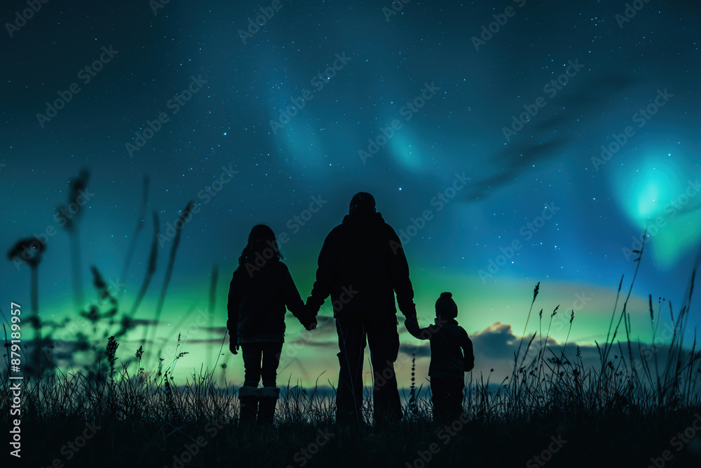 Family watching northern lights aurora borealis green sky together Family watching northern lights aurora borealis green sky together