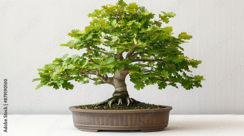 A vibrant green bonsai tree in a ceramic pot, showcasing intricate details of miniature gardening artistry against a neutral background.
