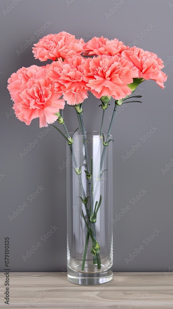 Obraz premium A bouquet of pink carnations sits in a clear glass vase on a light brown wooden table, against a gray background