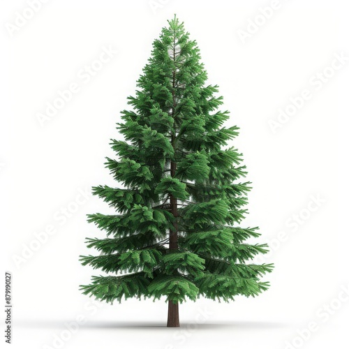 A vibrant green Christmas tree standing isolated on a white background, perfect for holiday-themed designs and seasonal projects.