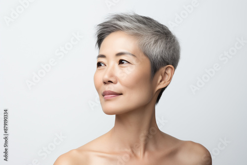 short hair asian woman portrait on white background