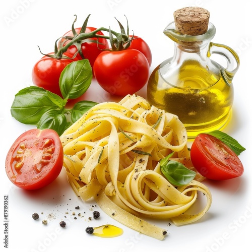 A carafe of olive oil, Italian pasta, tomatoes, basil and spicy seasonings on a white background, perfect for a cooking school advertisement, recipe website or cooking articles about healthy eating