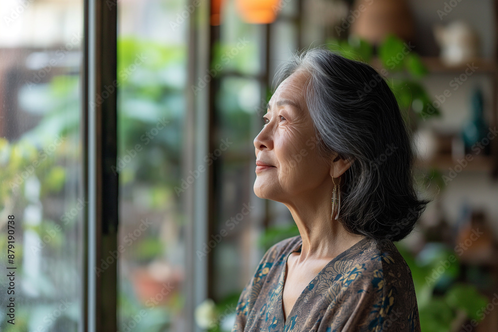 senior asian woman looking out of the window thinking