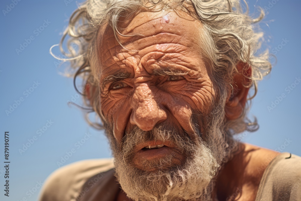 A portrait of an elderly Middle Eastern man, 72, sweating from the heat and drinking water thirstily on a hot summer day A portrait of an elderly Middle Eastern man, 72, sweating from the heat and drinking water thirstily on a hot summer day