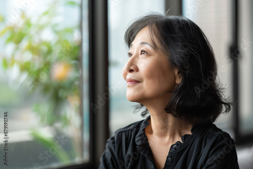 Free Download senior asian woman looking out of the window smile - GFXLoad