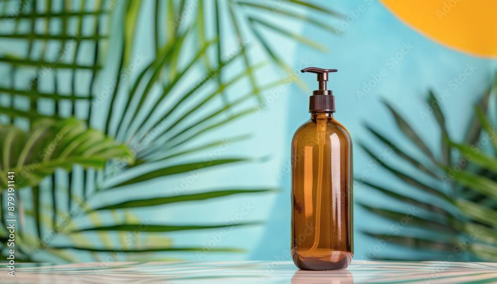 On the table, next to the palm leaves, is a brown bottle with a pump, possibly holding a liquid On the table, next to the palm leaves, is a brown bottle with a pump, possibly holding a liquid