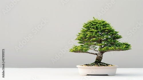 Minimalist bonsai tree on a white surface against a neutral background, symbolizing calm and tranquility in a stylish, modern setting.