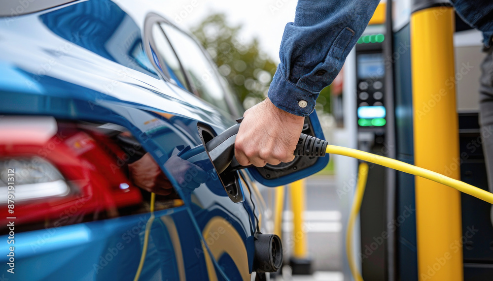 At this moment, a person is currently charging an electric vehicle at a charging station At this moment, a person is currently charging an electric vehicle at a charging station