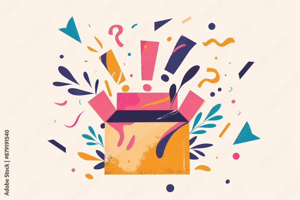 Obraz premium fun mystery box with question marks and exclamation marks flying out of it, fun ,surprise box, logo, illustration 