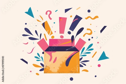  fun mystery box with question marks  and exclamation marks flying out of it, fun ,surprise box, logo, illustration	
 photo