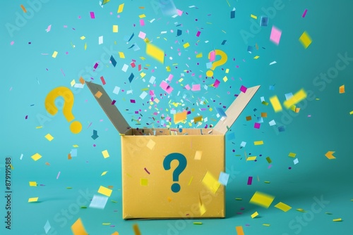  fun mystery box with question marks  and exclamation marks flying out of it, fun ,surprise box, logo, illustration	
 photo