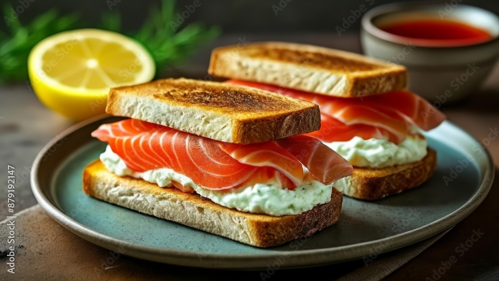 Delicious smoked salmon and cream cheese toast ready to enjoy Delicious smoked salmon and cream cheese toast ready to enjoy