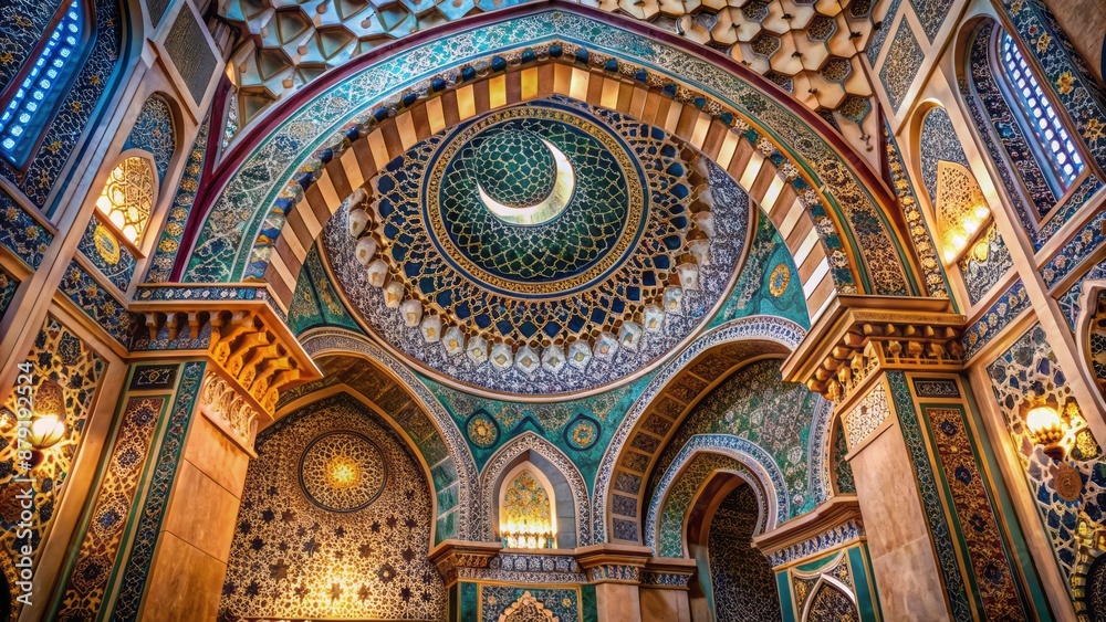 Fototapeta premium Intricate Islamic geometric patterns adorn ancient Arabian mosque architecture with crescent moon symbol surrounded by lavish middle eastern ornaments.