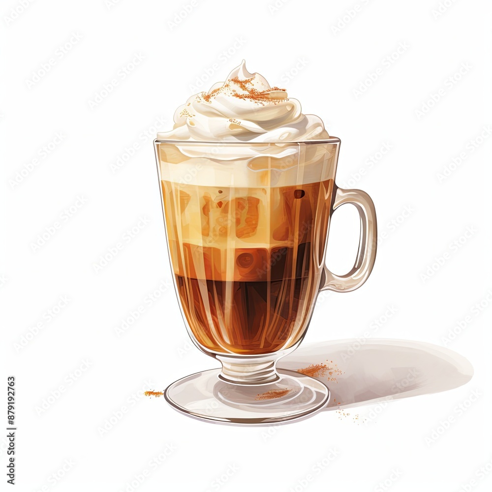 A tall clear glass of cappuccino with frothy foam on white background. Modern design, ribbed texture, rich dark brown coffee, light creamy foam. Well-lit, professional image for marketing materials. A tall clear glass of cappuccino with frothy foam on white background. Modern design, ribbed texture, rich dark brown coffee, light creamy foam. Well-lit, professional image for marketing materials.