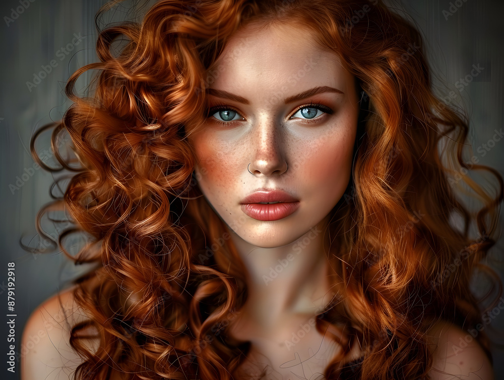Fototapeta premium Portrait Of A Beautiful Young Woman With Long Red Curly Hair