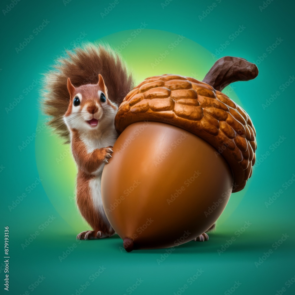 Happy Squirrel with Giant Acorn on Vibrant Green Background, Nature, Wildlife, imagegraphy for Prints and Posters Happy Squirrel with Giant Acorn on Vibrant Green Background, Nature, Wildlife, imagegraphy for Prints and Posters