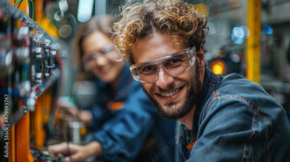 Smiling hispanic factory worker skillfully operates machinery, emphasizing teamwork, safety, and skilled labor in manufacturing Smiling hispanic factory worker skillfully operates machinery, emphasizing teamwork, safety, and skilled labor in manufacturing
