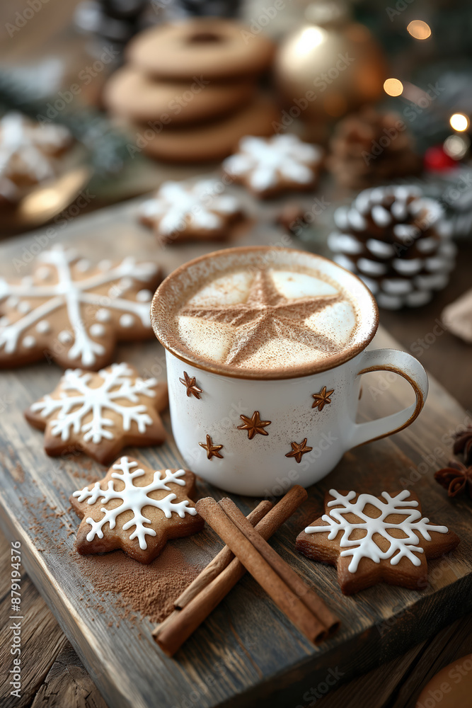 Christmas coffee with gingerbread cookies and cinnamon sticks on wooden table Christmas coffee with gingerbread cookies and cinnamon sticks on wooden table