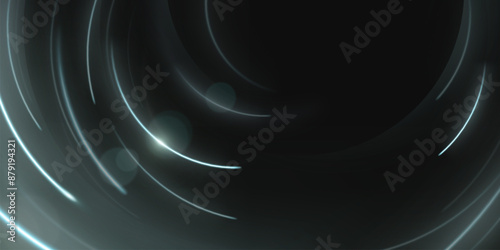 Light flare circle background. Realistic vector illustration of sphere with white shine effect on black bg. Abstract bright round glow line. Magic shiny energy ring. Lens glare curve and sparkle.