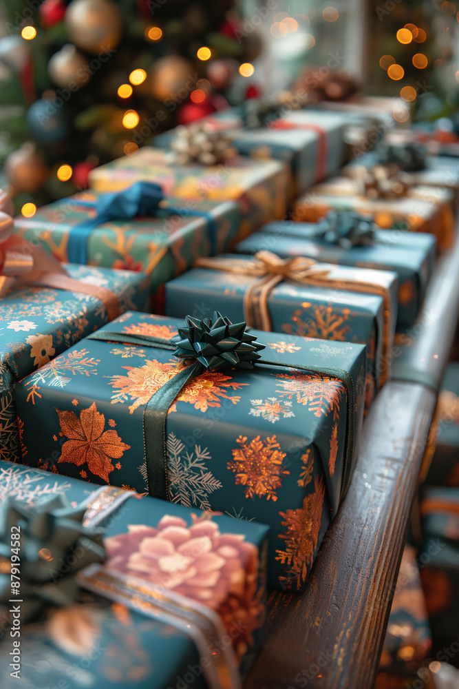 Christmas presents waiting on a wooden shelf with christmas tree lights in background Christmas presents waiting on a wooden shelf with christmas tree lights in background