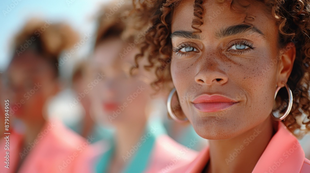 A close-up image of a stylish woman with natural curls and freckles, wearing a fashionable outfit, exuding confidence and elegance against a bright and vibrant background. A close-up image of a stylish woman with natural curls and freckles, wearing a fashionable outfit, exuding confidence and elegance against a bright and vibrant background.