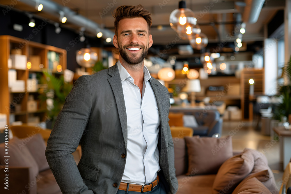 Confident smiling handsome salesman assisting customers in modern furniture store. Business, customer service concept. Confident smiling handsome salesman assisting customers in modern furniture store. Business, customer service concept.