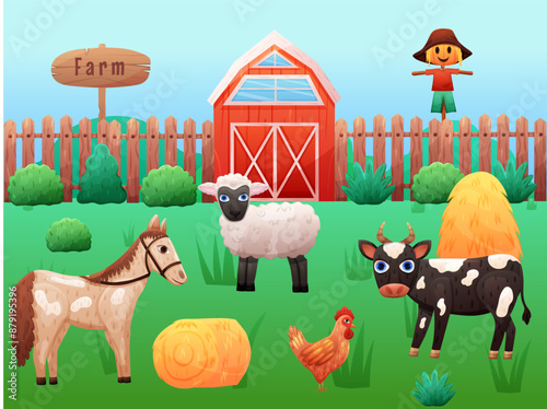Farm set with animals, barn and scarecrow