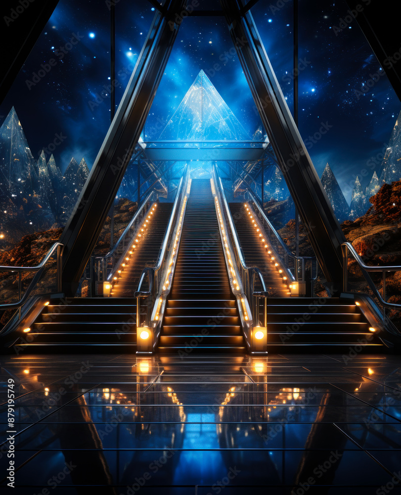 A futuristic building with a large pyramid on top. The stairs leading up to the pyramid are lit up with lights A futuristic building with a large pyramid on top. The stairs leading up to the pyramid are lit up with lights