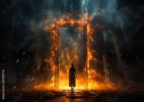 A man stands in front of a burning door. The scene is dark and ominous, with the fire and smoke creating a sense of danger and fear