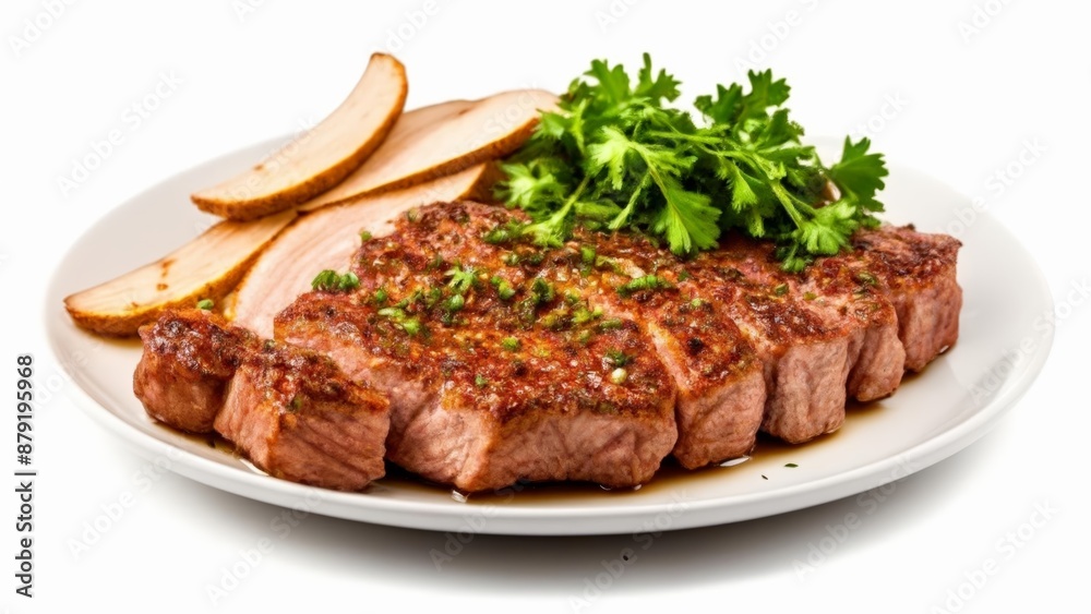 Deliciously grilled steak with a side of crispy potato wedges and fresh parsley Deliciously grilled steak with a side of crispy potato wedges and fresh parsley