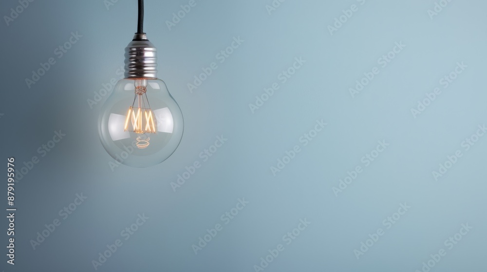 A single illuminated light bulb hangs against a plain blue wall, showcasing simplicity and modern design, with a clear, calm and minimalist ambiance. A single illuminated light bulb hangs against a plain blue wall, showcasing simplicity and modern design, with a clear, calm and minimalist ambiance.