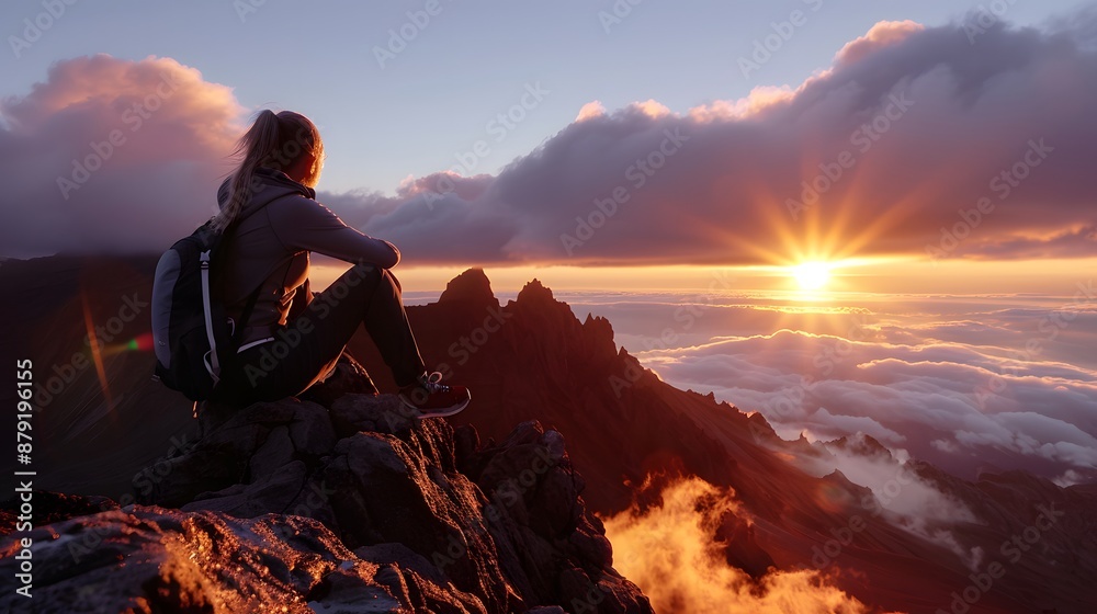 Woman on mountain peak at sunrise. Woman on mountain peak at sunrise.