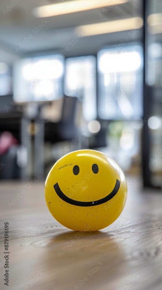 Yellow smiley face ball adds cheer to a modern office, creating a playful and optimistic work environment Yellow smiley face ball adds cheer to a modern office, creating a playful and optimistic work environment
