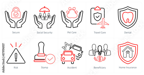 A set of 10 insurance icons as secure, social security, pet care