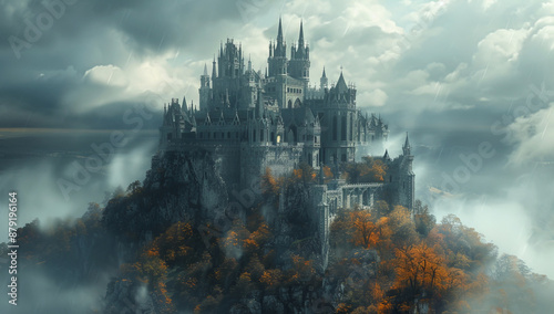Magnificent fantasy castle perched atop a misty hill with dramatic clouds © Robert Kneschke