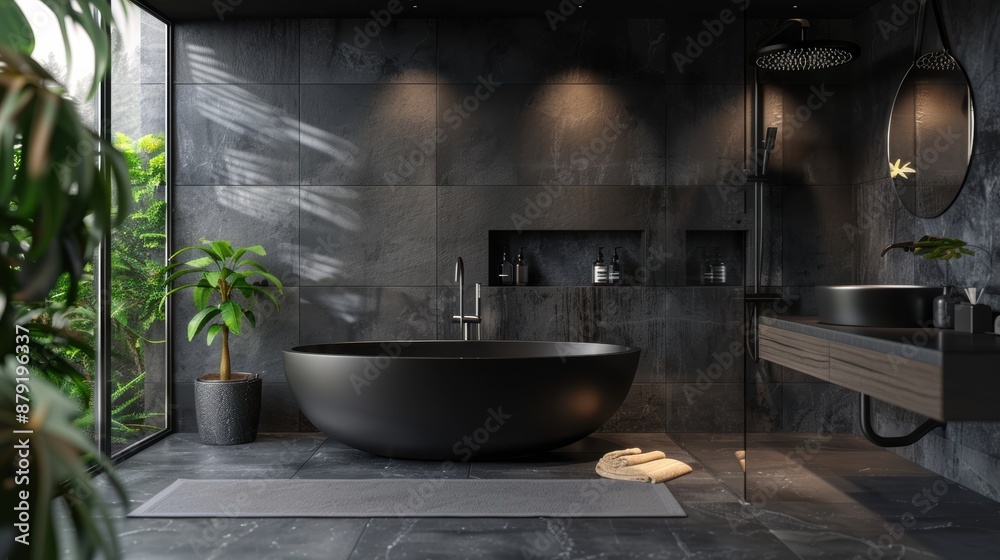 Bathroom interior design, matte black bath and modern shower Bathroom interior design, matte black bath and modern shower