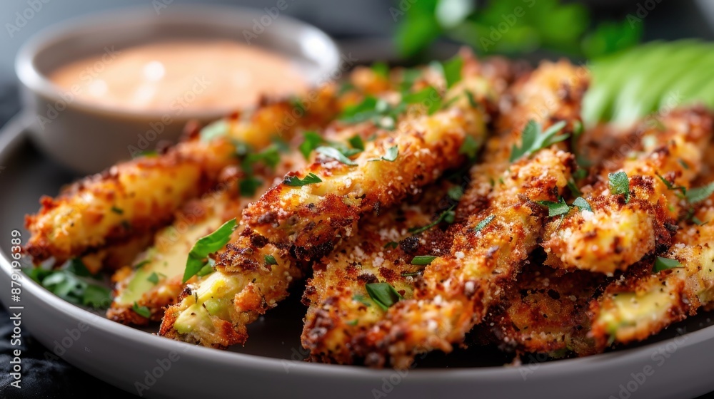 A plate filled with herb-seasoned crispy breaded chicken pieces, garnished with fresh green herbs and served with a bowl of creamy orange dipping sauce. A plate filled with herb-seasoned crispy breaded chicken pieces, garnished with fresh green herbs and served with a bowl of creamy orange dipping sauce.