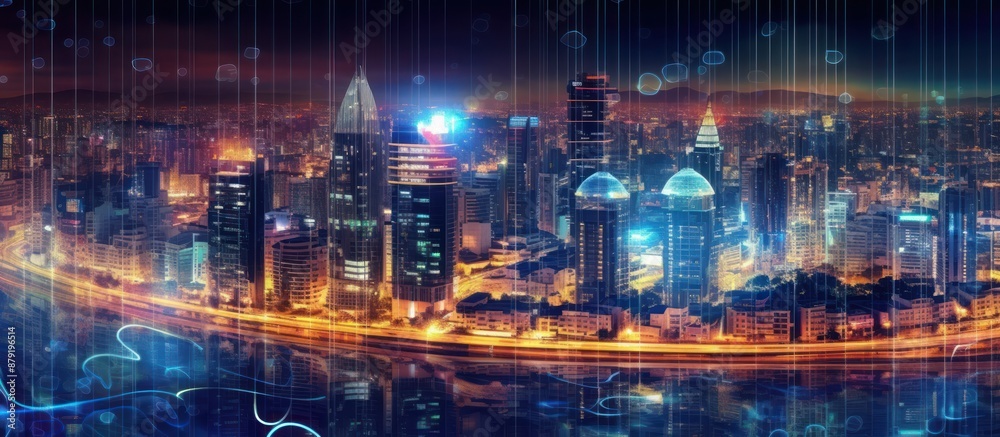 Obraz premium Night Cityscape with Digital Overlays