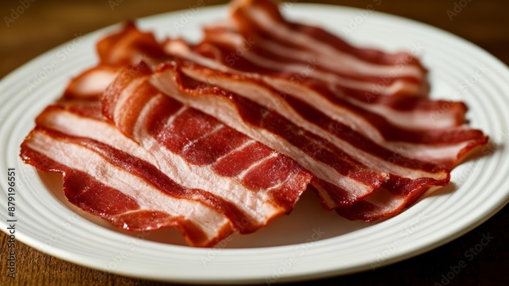 Deliciously crispy bacon strips on a plate Deliciously crispy bacon strips on a plate